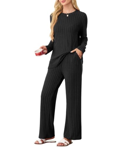 PrinStory Schlafanzug Damen Lang Pyjama Damen Gerippte Streifen Weiche Lounge Set Rundhals Lange Ärmel Schlafanzugoberteile Und Schlafanzughosen Mit Taschen (Schwarz, XL) von PrinStory