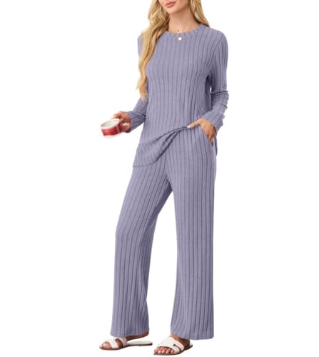 PrinStory Schlafanzug Damen Lang Pyjama Damen Gerippte Streifen Weiche Lounge Set Rundhals Lange Ärmel Schlafanzugoberteile Und Schlafanzughosen Mit Taschen (Violett Grau, S) von PrinStory