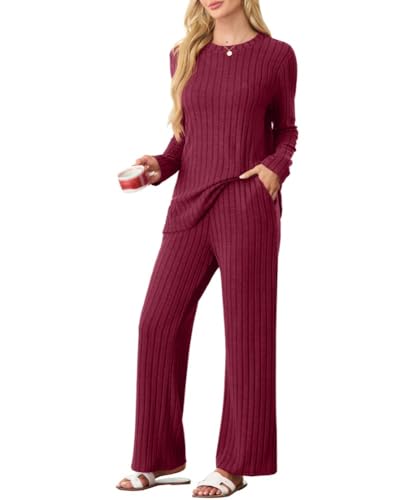 PrinStory Schlafanzug Damen Lang Pyjama Damen Gerippte Streifen Weiche Lounge Set Rundhals Lange Ärmel Schlafanzugoberteile Und Schlafanzughosen Mit Taschen (Weinrot, S) von PrinStory