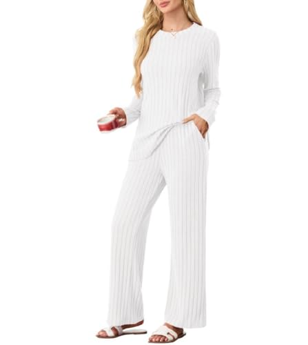 PrinStory Schlafanzug Damen Lang Pyjama Damen Gerippte Streifen Weiche Lounge Set Rundhals Lange Ärmel Schlafanzugoberteile Und Schlafanzughosen Mit Taschen (Weiß, M) von PrinStory