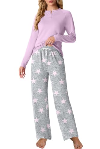 PrinStory Schlafanzug Damen Lang Pyjama Damen Langarm Schlafanzugoberteile Und Gedruckt Pyjamahose Mit Taschen Nachtw?sche Loungewear (Rosa Stern, L) von PrinStory