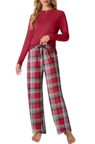 PrinStory Schlafanzug Damen Lang Pyjama Damen Langarm Schlafanzugoberteile Und Gedruckt Pyjamahose Mit Taschen Nachtw?sche Loungewear (Rot-Wei?-Kariert, XL) von PrinStory