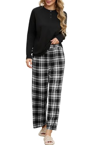PrinStory Schlafanzug Damen Lang Pyjama Damen Langarm Schlafanzugoberteile Und Gedruckt Pyjamahose Mit Taschen Nachtw?sche Loungewear (Schwarz-Wei?-Kariert, XL) von PrinStory