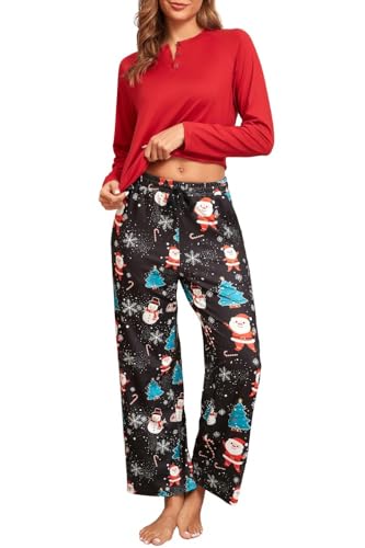 PrinStory Schlafanzug Damen Lang Pyjama Damen Langarm Schlafanzugoberteile Und Gedruckt Pyjamahose Mit Taschen Nachtw?sche Loungewear (Schwarzer Weihnachtsbaum, XXL) von PrinStory