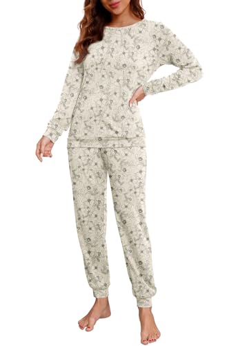 PrinStory Schlafanzug Damen Lang Pyjama Set Nachtwäsche Loungewear Rundhals Oberteile Und Schlafhosen Mit Taschen (Aprikosen-Periwinkle, XL) von PrinStory