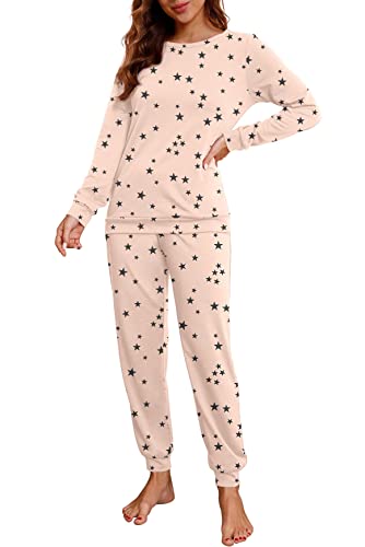 PrinStory Schlafanzug Damen Lang Pyjama Set Nachtwäsche Loungewear Rundhals Schlafanzugoberteile Und Schlafhosen Mit Taschen (Beige Stern, S) von PrinStory