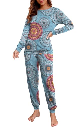PrinStory Schlafanzug Damen Lang Pyjama Set Nachtwäsche Loungewear Rundhals Schlafanzugoberteile Und Schlafhosen Mit Taschen (Blau Mischen, M) von PrinStory
