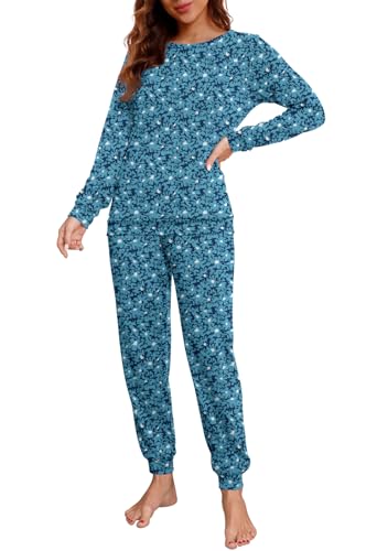 PrinStory Schlafanzug Damen Lang Pyjama Set Nachtwäsche Loungewear Rundhals Schlafanzugoberteile Und Schlafhosen Mit Taschen (Blaue Blume, XL) von PrinStory