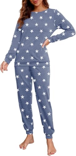 PrinStory Schlafanzug Damen Lang Pyjama Set Nachtwäsche Loungewear Rundhals Schlafanzugoberteile Und Schlafhosen Mit Taschen (Blauer Stern, M) von PrinStory