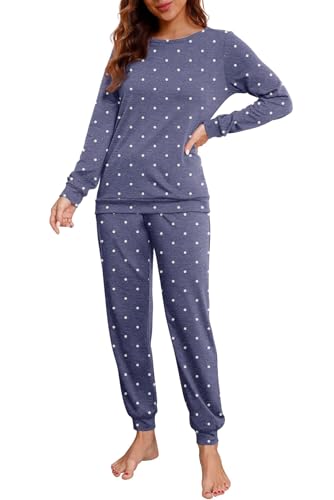 PrinStory Schlafanzug Damen Lang Pyjama Set Nachtwäsche Loungewear Rundhals Schlafanzugoberteile Und Schlafhosen Mit Taschen (Dot Marineblau, M) von PrinStory