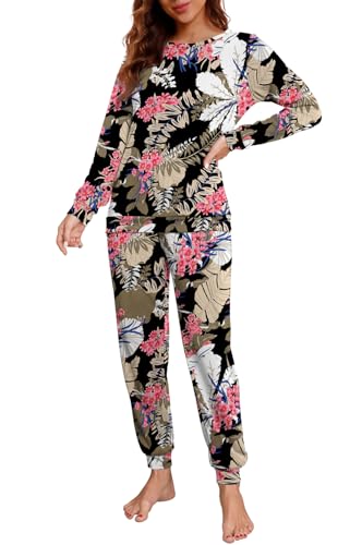 PrinStory Schlafanzug Damen Lang Pyjama Set Nachtwäsche Loungewear Rundhals Schlafanzugoberteile Und Schlafhosen Mit Taschen (Großes Blatt Rosa, XL) von PrinStory