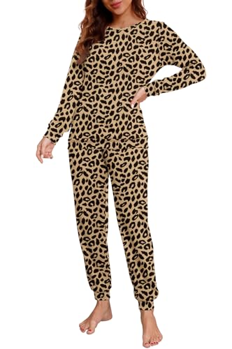 PrinStory Schlafanzug Damen Lang Pyjama Set Nachtwäsche Loungewear Rundhals Schlafanzugoberteile Und Schlafhosen Mit Taschen (Leopard Khaki, L) von PrinStory