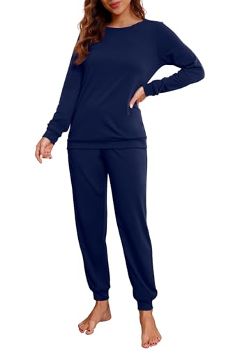 PrinStory Schlafanzug Damen Lang Pyjama Set Nachtwäsche Loungewear Rundhals Schlafanzugoberteile Und Schlafhosen Mit Taschen (Marineblau, S) von PrinStory