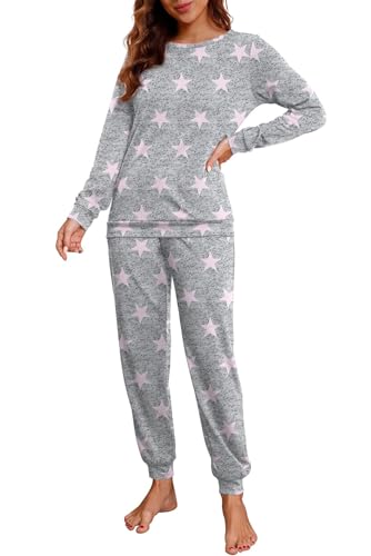 PrinStory Schlafanzug Damen Lang Pyjama Set Nachtwäsche Loungewear Rundhals Schlafanzugoberteile Und Schlafhosen Mit Taschen (Rosa Stern, S) von PrinStory