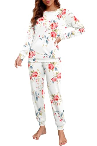 PrinStory Schlafanzug Damen Lang Pyjama Set Nachtwäsche Loungewear Rundhals Schlafanzugoberteile Und Schlafhosen Mit Taschen (Rose Weiß, M) von PrinStory