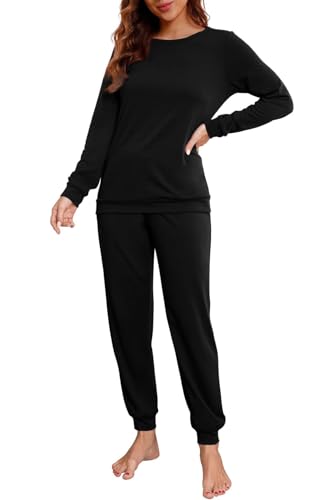 PrinStory Schlafanzug Damen Lang Pyjama Set Nachtwäsche Loungewear Rundhals Schlafanzugoberteile Und Schlafhosen Mit Taschen (Schwarz, XL) von PrinStory