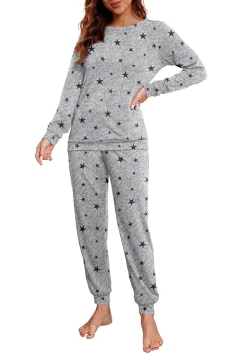 PrinStory Schlafanzug Damen Lang Pyjama Set Nachtwäsche Loungewear Rundhals Schlafanzugoberteile Und Schlafhosen Mit Taschen (Schwarzer Stern Grau, S) von PrinStory