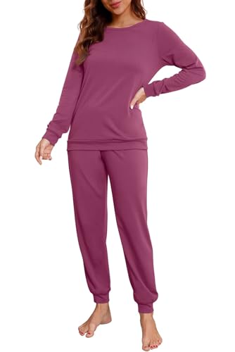 PrinStory Schlafanzug Damen Lang Pyjama Set Nachtwäsche Loungewear Rundhals Schlafanzugoberteile Und Schlafhosen Mit Taschen (Violett Rot, XXL) von PrinStory