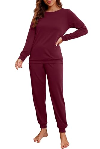 PrinStory Schlafanzug Damen Lang Pyjama Set Nachtwäsche Loungewear Rundhals Schlafanzugoberteile Und Schlafhosen Mit Taschen (Weinrot, XL) von PrinStory
