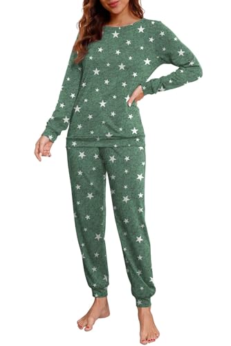 PrinStory Schlafanzug Damen Lang Pyjama Set Nachtwäsche Loungewear Rundhals Schlafanzugoberteile Und Schlafhosen Mit Taschen (Weißer Stern Grün, XXL) von PrinStory