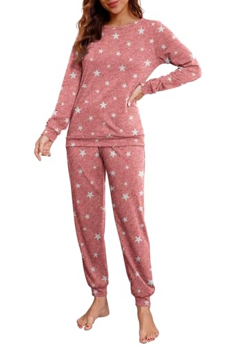 PrinStory Schlafanzug Damen Lang Pyjama Set Nachtwäsche Loungewear Rundhals Schlafanzugoberteile Und Schlafhosen Mit Taschen (Weißer Stern Rot, L) von PrinStory