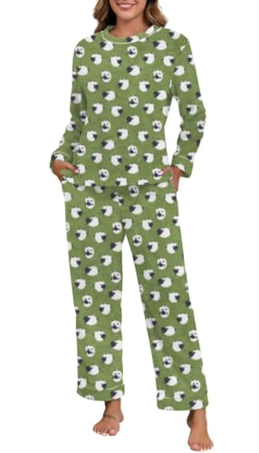 PrinStory Schlafanzug Damen Lange Rundhals Fleece Pyjama Flanell Schlafanzug Langarm Frottee Oberteil Und Weites Bein Hose (Bb Grünes Schaf, S) von PrinStory