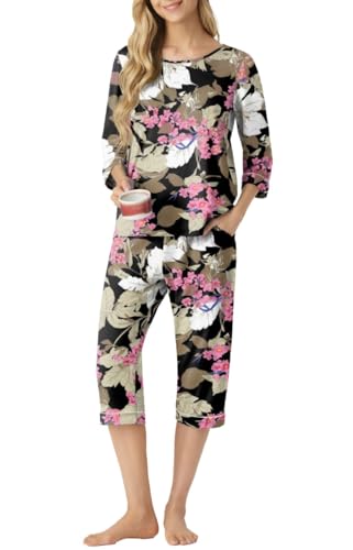 PrinStory Schlafanzug Damen Pyjama Set Rundhalsausschnitt 3/4 Ärmel Stilvoll Schlafanzughose Mit Taschen Sleepwear Komfortabel Weicher Pyjama Sets (Big Leaf Rosa,M) von PrinStory