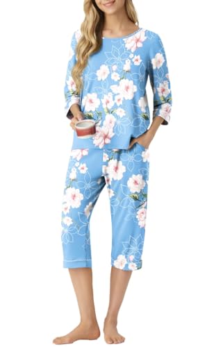 PrinStory Schlafanzug Damen Pyjama Set Rundhalsausschnitt 3/4 Ärmel Stilvoll Schlafanzughose Mit Taschen Sleepwear Komfortabel Weicher Pyjama Sets (Hellblau,M) von PrinStory