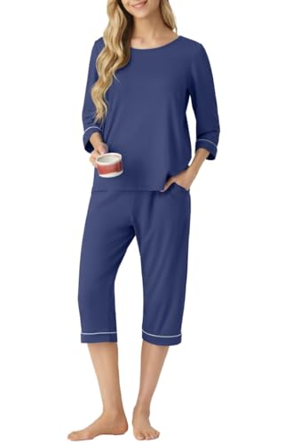 PrinStory Schlafanzug Damen Pyjama Set Rundhalsausschnitt 3/4 Ärmel Stilvoll Schlafanzughose Mit Taschen Sleepwear Komfortabel Weicher Pyjama Sets (Marineblau,M) von PrinStory