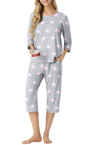 PrinStory Schlafanzug Damen Pyjama Set Rundhalsausschnitt 3/4 Ärmel Stilvoll Schlafanzughose Mit Taschen Sleepwear Komfortabel Weicher Pyjama Sets (Rosa Stern,S) von PrinStory