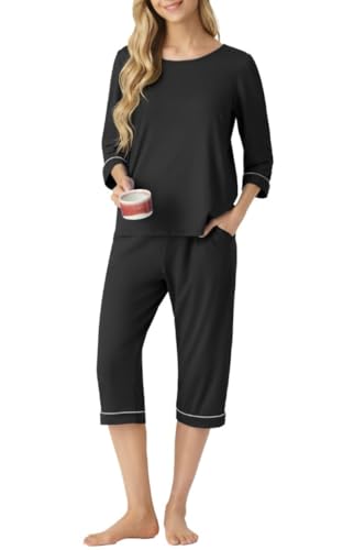 PrinStory Schlafanzug Damen Pyjama Set Rundhalsausschnitt 3/4 Ärmel Stilvoll Schlafanzughose Mit Taschen Sleepwear Komfortabel Weicher Pyjama Sets (Schwarz,L) von PrinStory