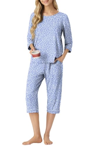 PrinStory Schlafanzug Damen Pyjama Set Rundhalsausschnitt 3/4 Ärmel Stilvoll Schlafanzughose Mit Taschen Sleepwear Komfortabel Weicher Pyjama Sets (Spot Blau,S) von PrinStory