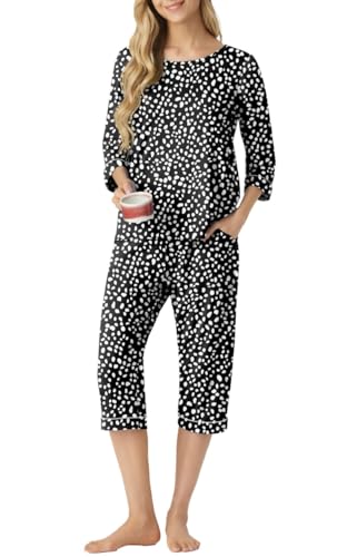 PrinStory Schlafanzug Damen Pyjama Set Rundhalsausschnitt 3/4 Ärmel Stilvoll Schlafanzughose Mit Taschen Sleepwear Komfortabel Weicher Pyjama Sets (Spot Schwarz,L) von PrinStory