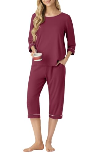 PrinStory Schlafanzug Damen Pyjama Set Rundhalsausschnitt 3/4 Ärmel Stilvoll Schlafanzughose Mit Taschen Sleepwear Komfortabel Weicher Pyjama Sets (Weinrot,L) von PrinStory