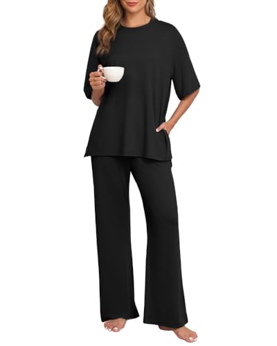 PrinStory Schlafanzug Damen Pyjama Set Strick Kurzarm Seitenschlitz Nachtwäsche Zweiteiler Lange Schlafanzughose Mit Geradem Bein Pyjama Set (Schwarz, S) von PrinStory