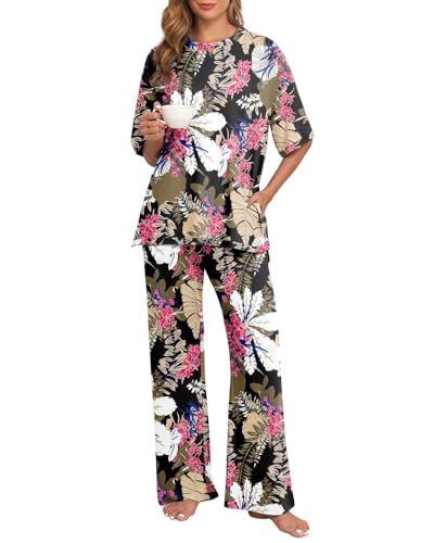 PrinStory Schlafanzug Damen Pyjama Set Strick Kurzarm Seitenschlitz Runder Halsausschnitt Nachtwäsche Lange Pyjamahose Atmungsaktiv Zweiteiliger (Big Leaf Rosa, L) von PrinStory