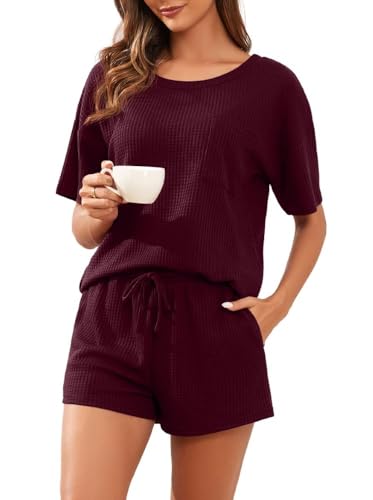 PrinStory Schlafanzug Damen Pyjama Set Waffel Kurzarm Runder Halsausschnitt Nachtwäsche Damen Sleepwear Pyjamahose Atmungsaktiv Zweiteiliger (Weinrot, XL) von PrinStory