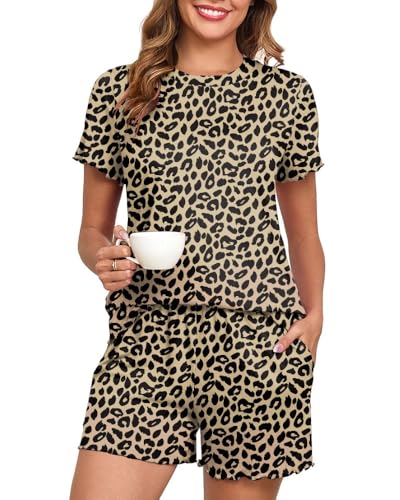 PrinStory Schlafanzug Damen Pyjamahose Mit Tasche Und Rundkragen Kurz T-Shirt Sommer Lässig Nachtwäsche Loungewear Sleepwear (Ld-Khaki, L) von PrinStory