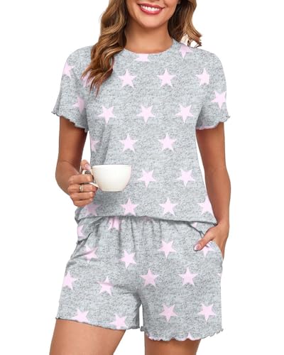 PrinStory Schlafanzug Damen Pyjamahose Mit Tasche Und Rundkragen Kurz T-Shirt Sommer Lässig Nachtwäsche Loungewear Sleepwear (Rosa Stern, S) von PrinStory