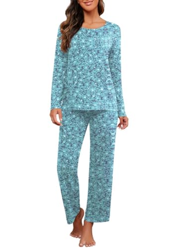 PrinStory Schlafanzug Damen Rundhals-Ausschnitt Pyjama Set Langarm Soft Nachtwäsche Lounge Wear Sets Für Frauen Mit Taschen (Blaue Blumen Schwarz, XXL) von PrinStory