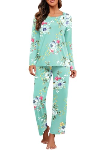 PrinStory Schlafanzug Damen Rundhals-Ausschnitt Pyjama Set Langarm Soft Nachtwäsche Lounge Wear Sets Für Frauen Mit Taschen (Blumen Mintgrün, S) von PrinStory