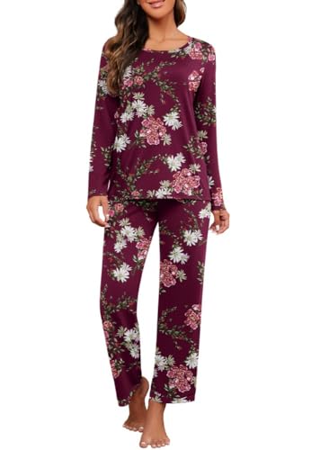 PrinStory Schlafanzug Damen Rundhals-Ausschnitt Pyjama Set Langarm Soft Nachtwäsche Lounge Wear Sets Für Frauen Mit Taschen (Blumen Weinrot, L) von PrinStory