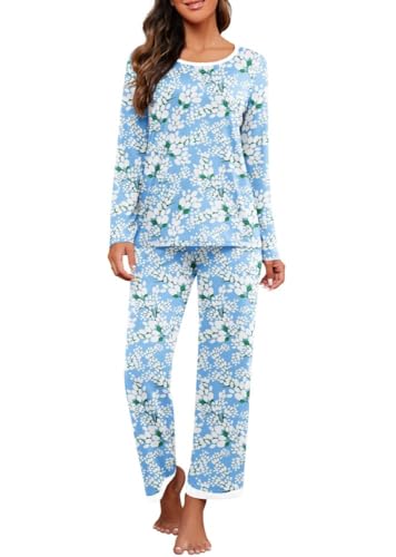 PrinStory Schlafanzug Damen Rundhals-Ausschnitt Pyjama Set Langarm Soft Nachtwäsche Lounge Wear Sets Für Frauen Mit Taschen (Jasmin Blau, XXL) von PrinStory