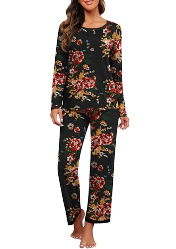 PrinStory Schlafanzug Damen Rundhals-Ausschnitt Pyjama Set Langarm Soft Nachtwäsche Lounge Wear Sets Für Frauen Mit Taschen (Rot Braun Schwarz, XL) von PrinStory