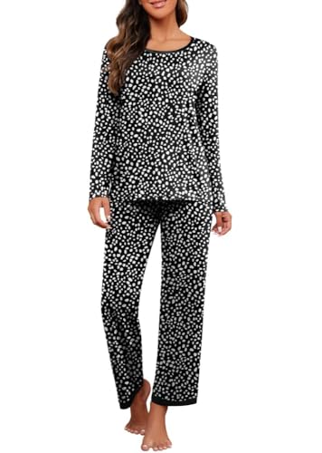 PrinStory Schlafanzug Damen Rundhals-Ausschnitt Pyjama Set Langarm Soft Nachtwäsche Lounge Wear Sets Für Frauen Mit Taschen (Spot Schwarz, XXL) von PrinStory