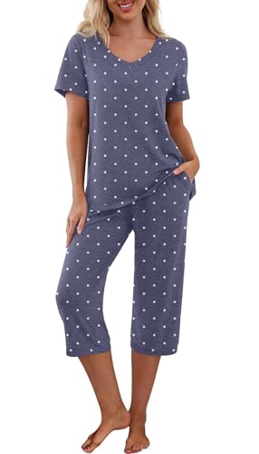 PrinStory Schlafanzug Damen Weich Pyjama Set Kurzarm Nachtwäsche V-Ausschuss Tshirt Und Pyjamahose Hausanzug Freizeitanzug Blumendruck (Punkt Marineblau, L) von PrinStory