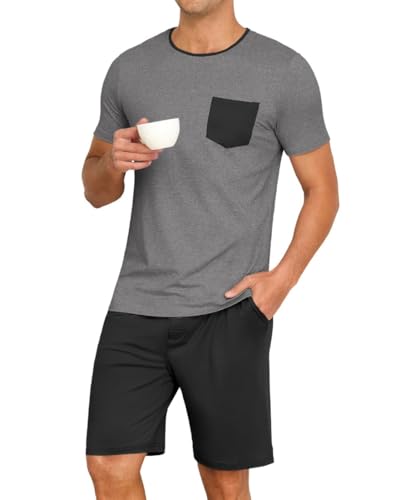 PrinStory Schlafanzug Herren Kurz Rundhals Pyjama Kontrastfarbe Nachtwäsche Kurzarm Oberteil Und Kurzer Schlafanzughose (Dunkelgrau-Schwarz, S) von PrinStory