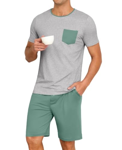 PrinStory Schlafanzug Herren Kurz Rundhals Pyjama Kontrastfarbe Nachtwäsche Kurzarm Oberteil Und Kurzer Schlafanzughose (Hellgrau-Blau, L) von PrinStory
