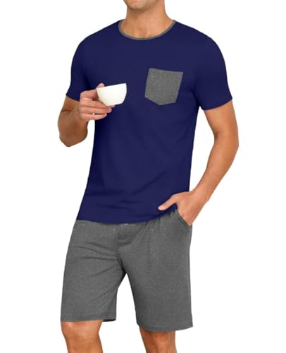 PrinStory Schlafanzug Herren Kurz Rundhals Pyjama Kontrastfarbe Nachtwäsche Kurzarm Oberteil Und Kurzer Schlafanzughose (Marineblau-Dunkelgrau, L) von PrinStory