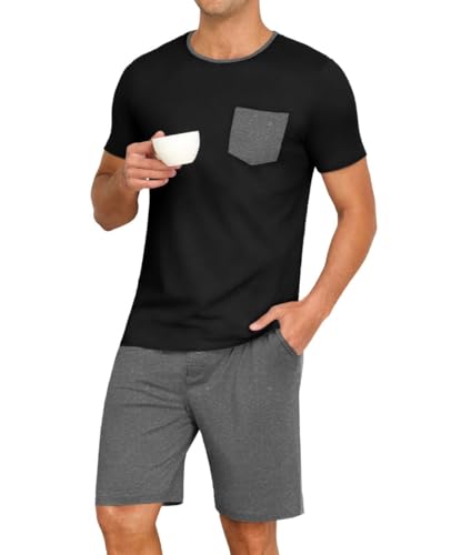 PrinStory Schlafanzug Herren Kurz Rundhals Pyjama Kontrastfarbe Nachtwäsche Kurzarm Oberteil Und Kurzer Schlafanzughose (Schwarz-Dunkelgrau, L) von PrinStory